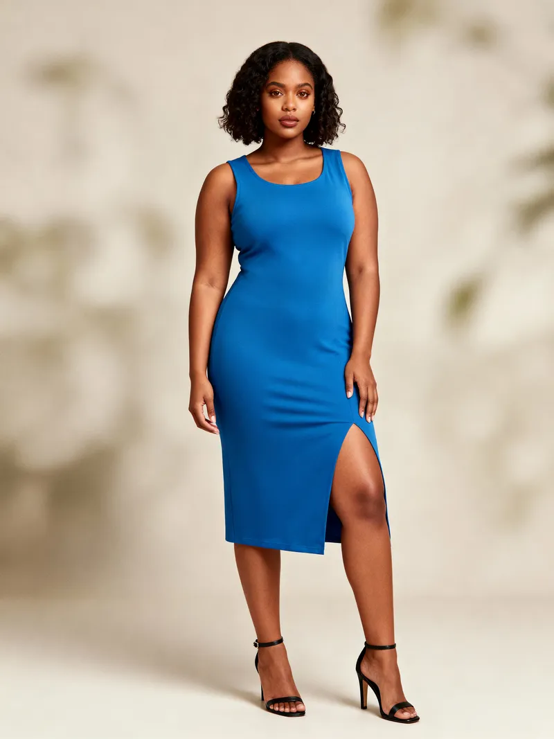 Confident Curvy Model in Elegant Blue Dress