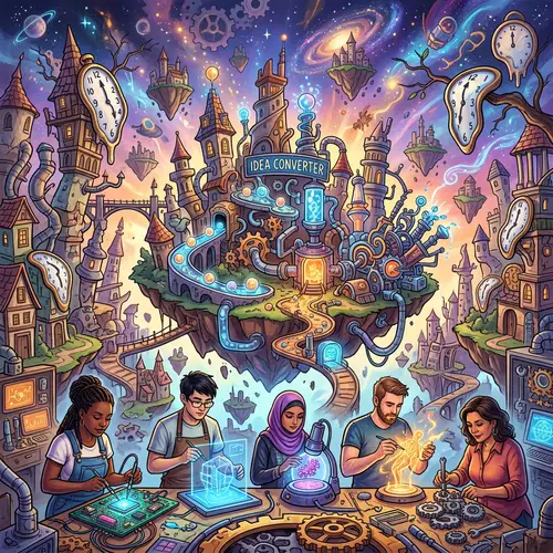 Surreal Innovation Scene: Jumbled Cityscape & Floating Islands