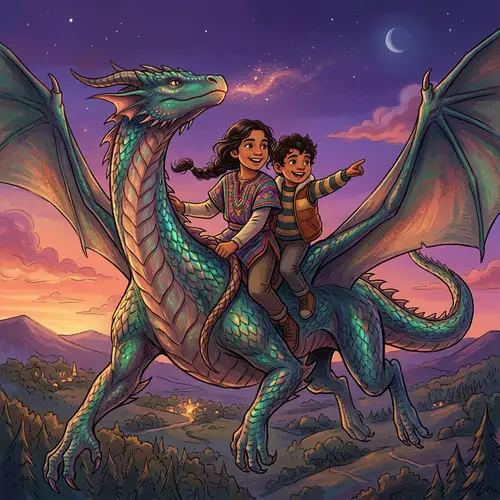 Hispanic Siblings Riding Dragon Album Cover Illustration