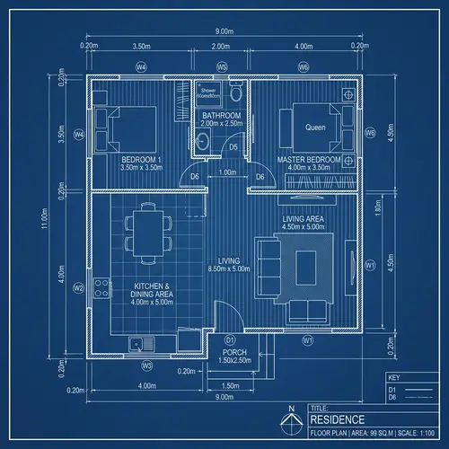 Efficient 9x11 House Blueprint with 2 Bedrooms and Bathroom