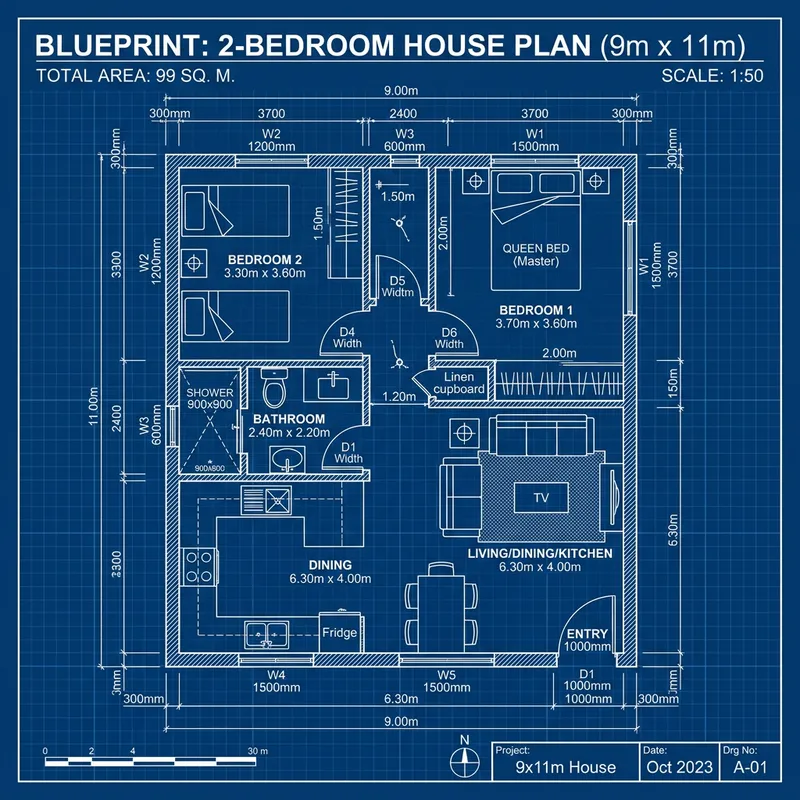 Home Design Plan: Spacious 2-Bedroom House 9x11 with Bath