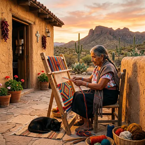 Traditional Mexican Scene: Elderly Woman Weaving Colorful Blanket