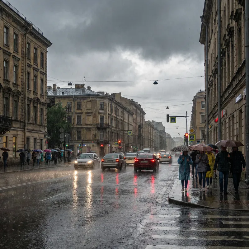 Rainy Day Scene: People with Umbrellas in the City Rain