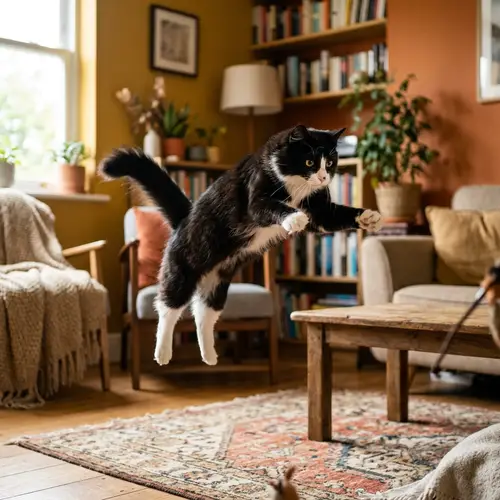 Playful Cat in Cozy Living Room - Grace and Inquisitiveness