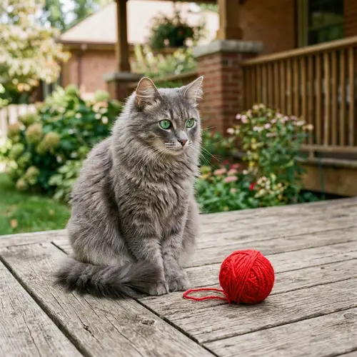 Greyish Cat with Green Eyes on Wooden Porch – Playful Feline Charm