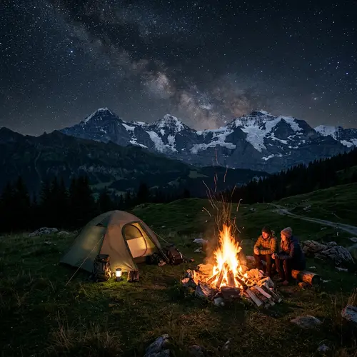 Nighttime Mountain Meadow Bonfire & Tent Scene