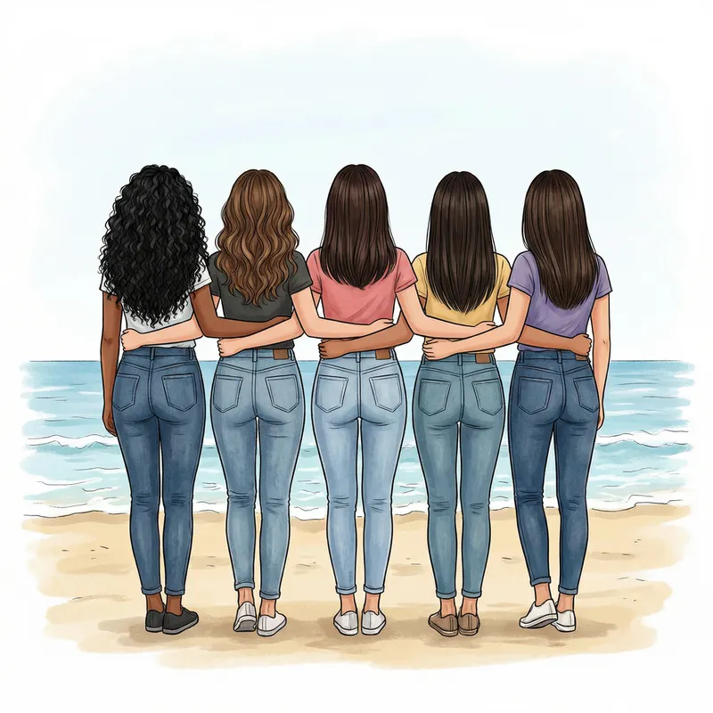 Colorful Drawing of 5 Female Friends Embracing on Beach