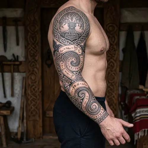 Viking-Inspired Scientific Tattoo from Shoulder to Wrist