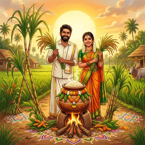 Celebrating Pongal: South Indian Harvest Festival Illustration