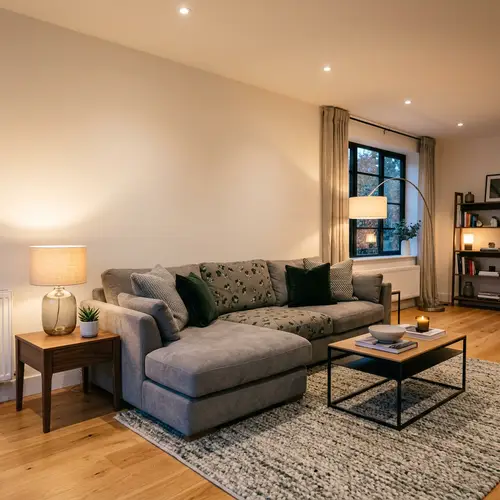 Modern Living Room with Grey Sofa & Green Flowers