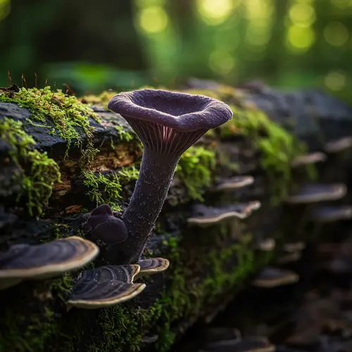 Dark Purple Trumpet Mushroom on Rotting Log