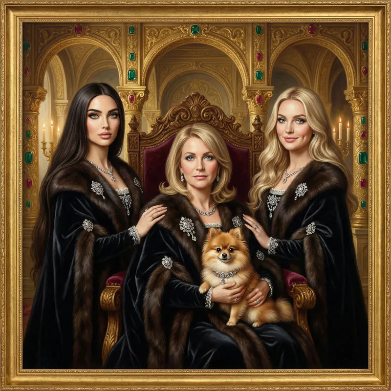 Opulent Vintage Portrait of Wealthy Women with Pomeranian Dog
