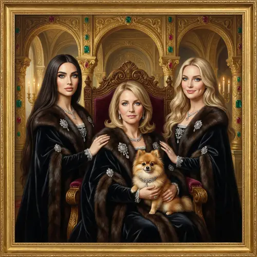 Opulent Portrait of Three Regal Women with Pomeranian Dog