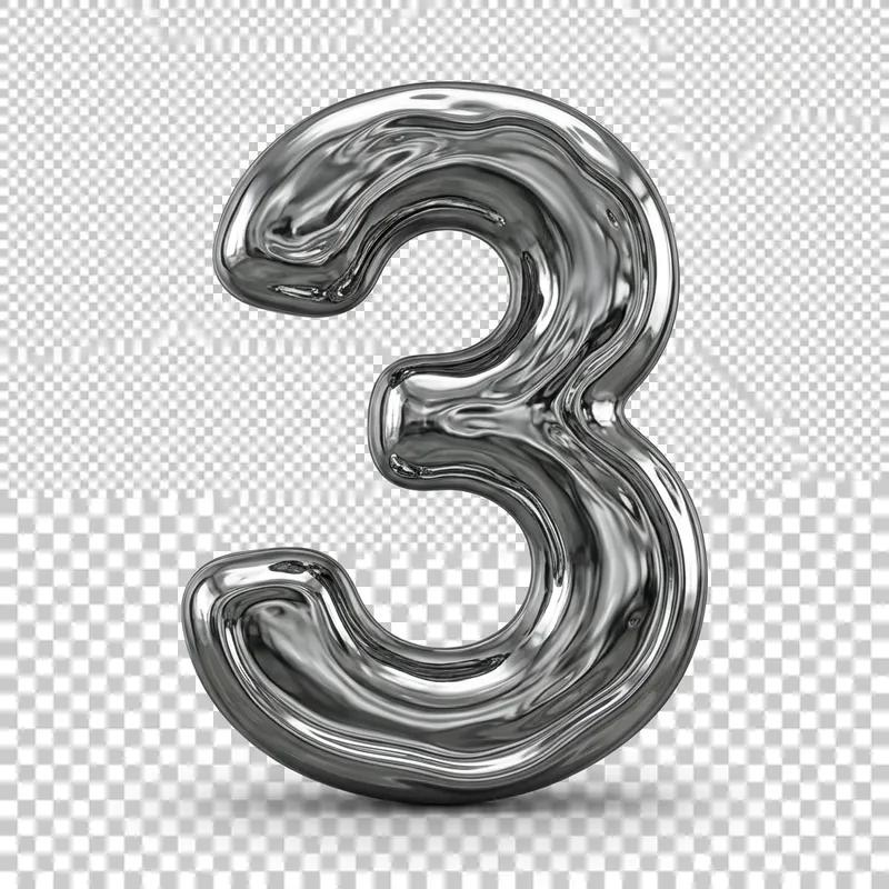 Liquid Mercury 3D Grey '3' Symbol - 3D Render