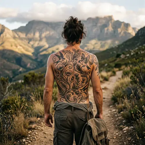 Nature-Inspired Back Tattoo Design: Flowers & Birds Artwork
