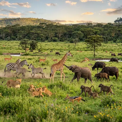 Diverse Wildlife Interaction in Lush Green Field