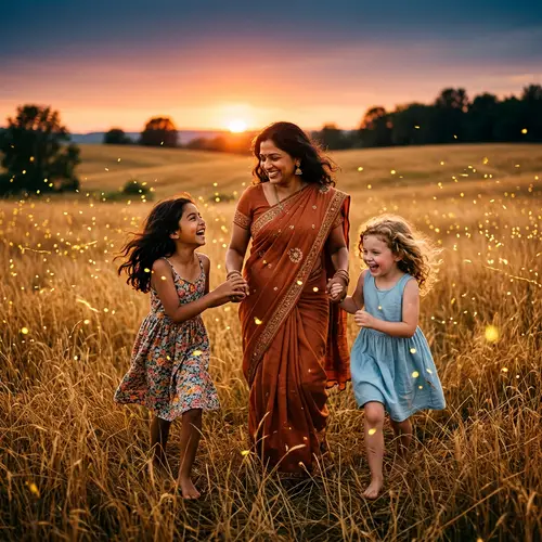 South Asian Mother and Daughters in Golden Field at Sunset