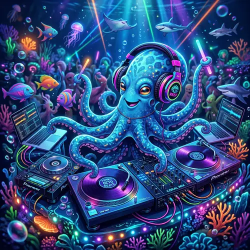 Funky Blue Octopus DJ: Headphones & Turntables
