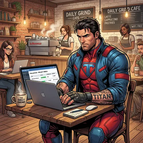 Muscular Comic Book Character Evaluating Projects at Cozy Cafe
