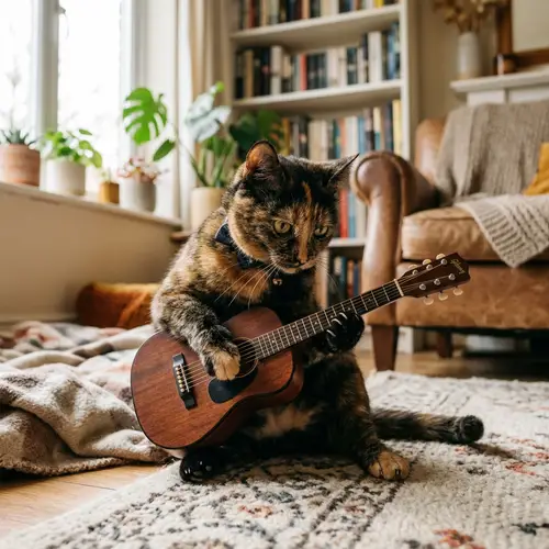 Enchanting Scene: Cat Playing Guitar in Cozy Living Room