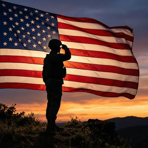 Saluting American Soldier Silhouette with Flag
