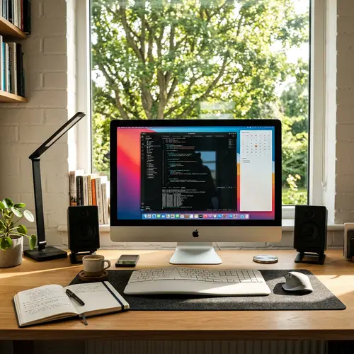 Modern Computer Setup on Sleek Wooden Desk