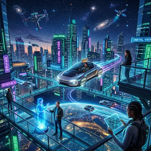 Futuristic Planet with Aerial Cities and Neon Lights
