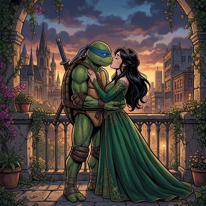 Ninja Turtle Kisses Black Haired Princess