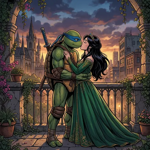 Ninja Turtle Kisses Black Haired Princess
