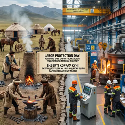 Labor Protection Day Image: Ancient Kazakh Tribes vs Modern Factory Workers
