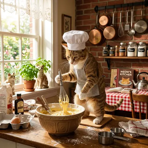 Cat Chef | Cooking Cat in Chef's Hat Whisking Cake Mix