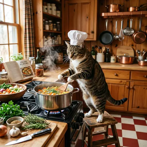 Cat Chef Cooking Soup in Rustic Kitchen