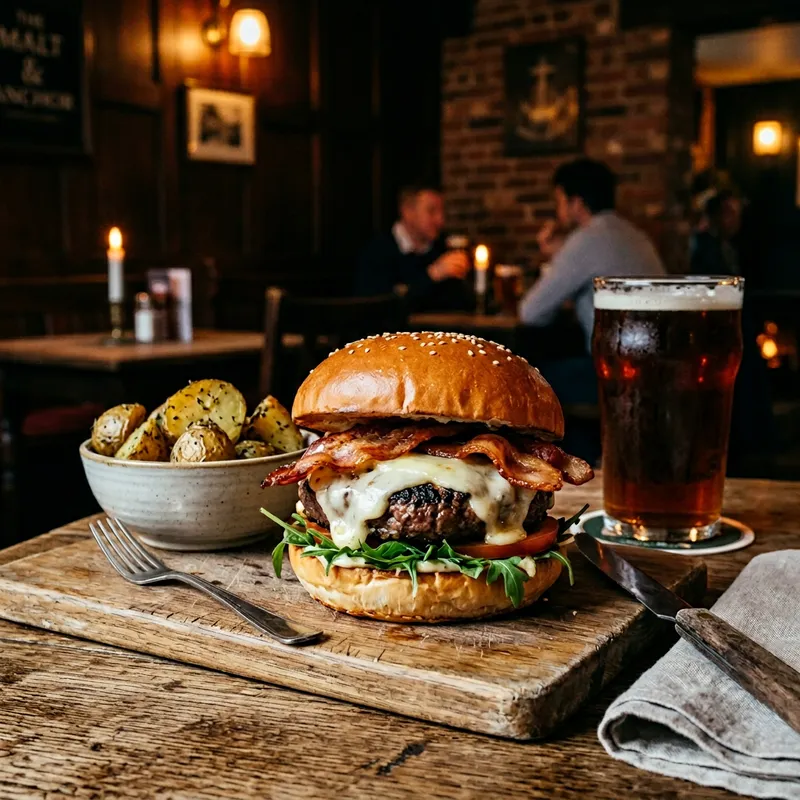 Savory Soft Burger with Mozzarella, Baked Potatoes, and Guanciale in Cozy Pub
