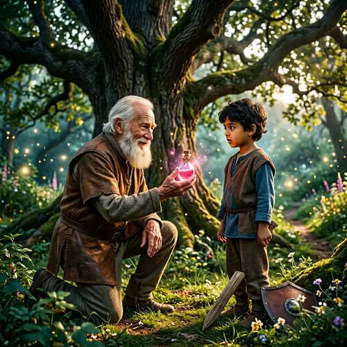 Magical Encounter: Elderly Man Offers Love Potion to Young Boy