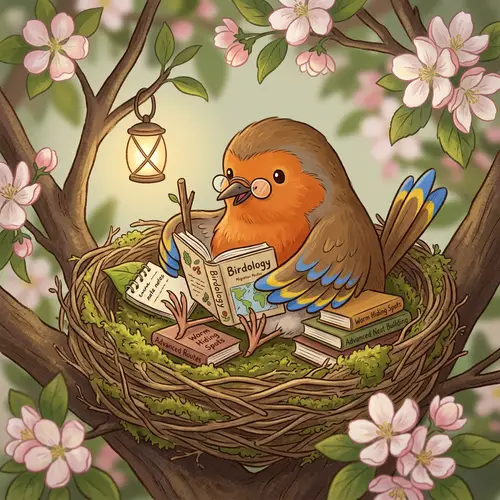 Cartoon Robin in Nest Studying