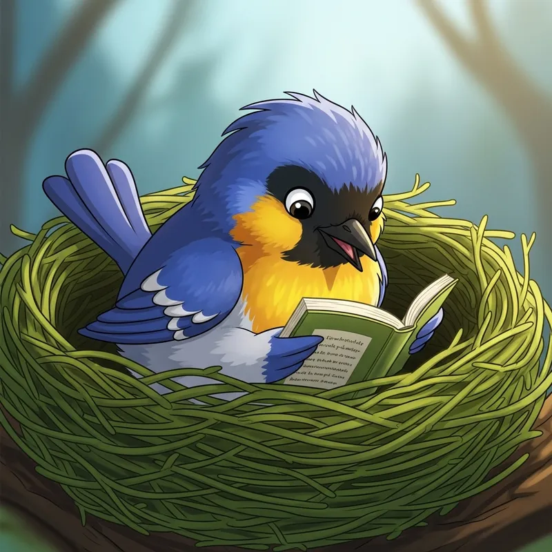 Cartoon Robin in Nest Studying