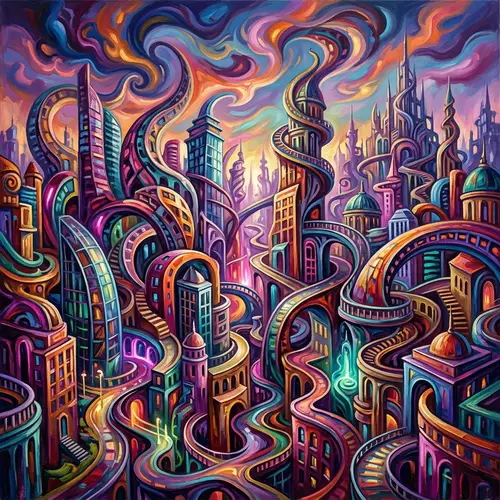 Surreal Abstract Cityscape Art: Vibrant, Twisting Buildings