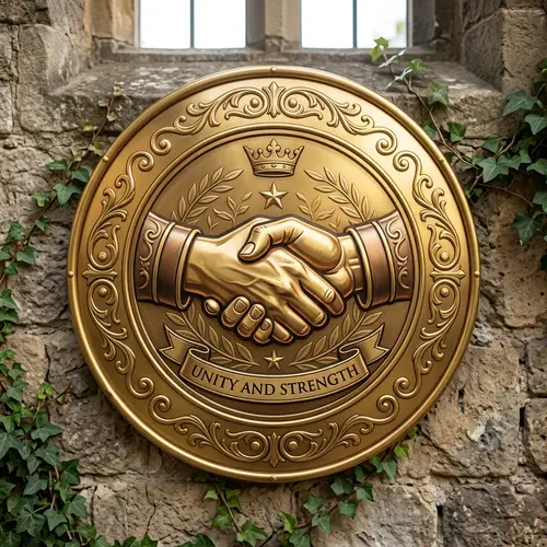 Golden Shield with Unity Hands | Website Name