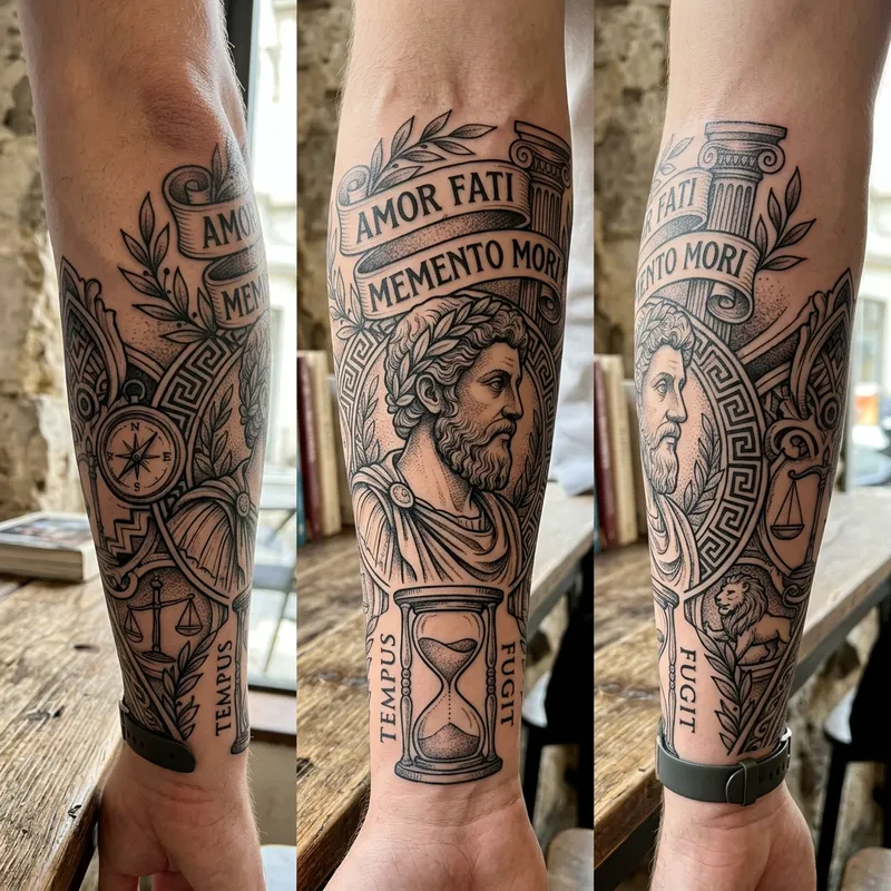 Stoic Philosophy Arm Tattoo: Ancient Wisdom Design