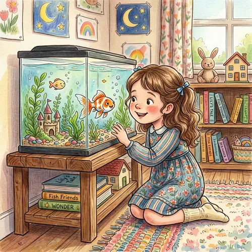 Storybook Girl with Fish in Aquarium