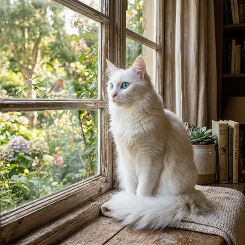 White Cat with Piercing Blue Eyes on Windowsill