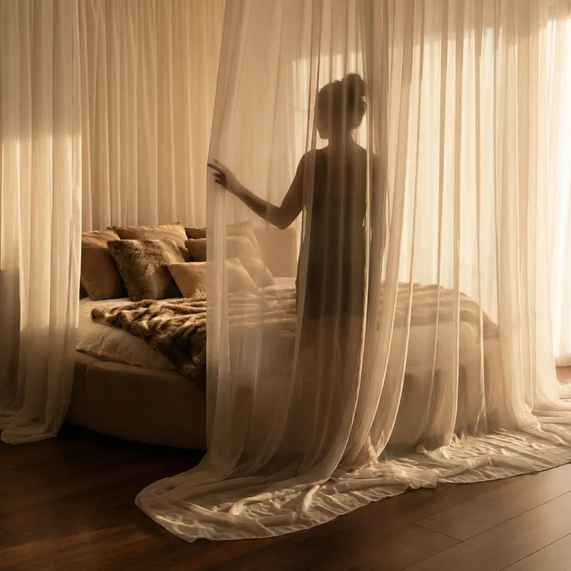 Elegant Silhouette of Woman Behind Circular Bed Curtains Elegant Silhouette of Woman Behind Circular Bed Curtains