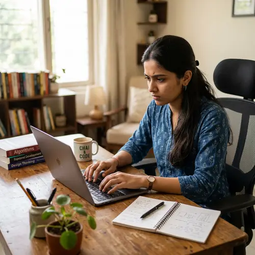South Asian Girl Typing on Modern Laptop with Intense Concentration