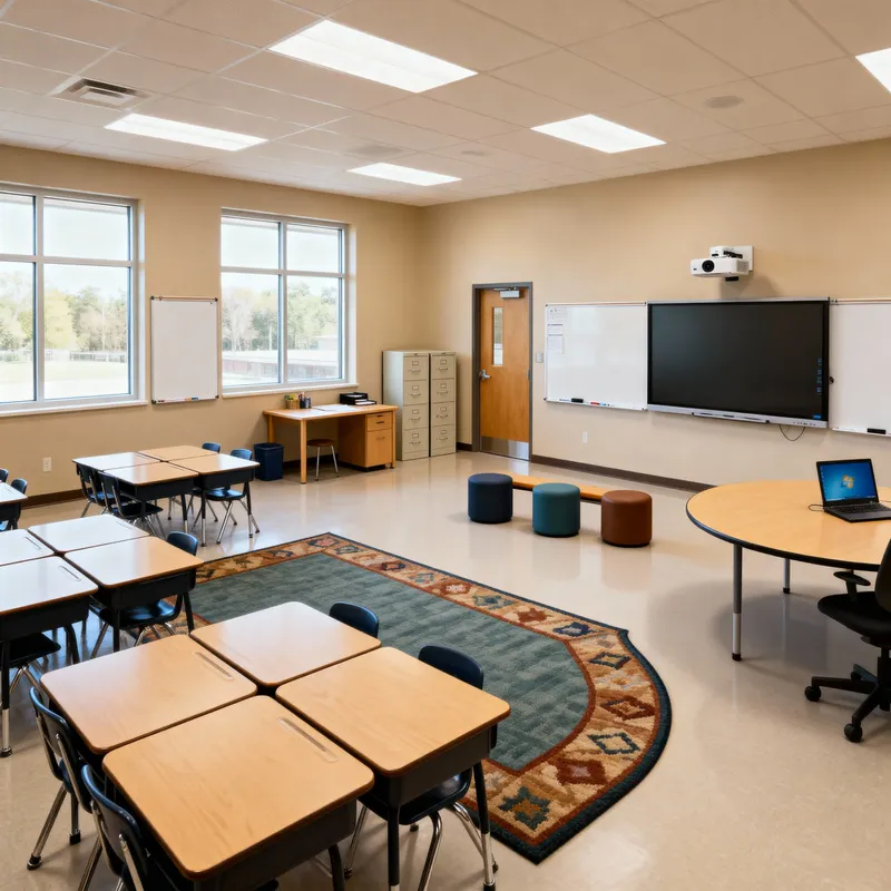 Modern Classroom Design with Smartboard & Desks