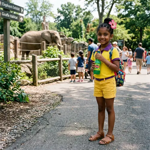 Young South Asian Girl at Zoo in Yellow Polo Shirt and Denim Shorts