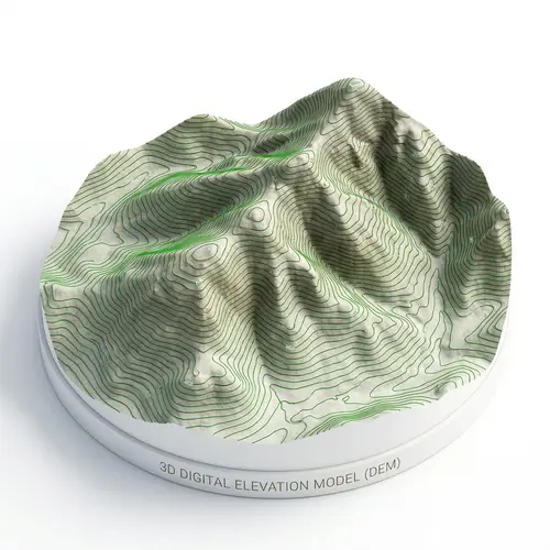 3D Hills Elevation Model - Green Contour Lines