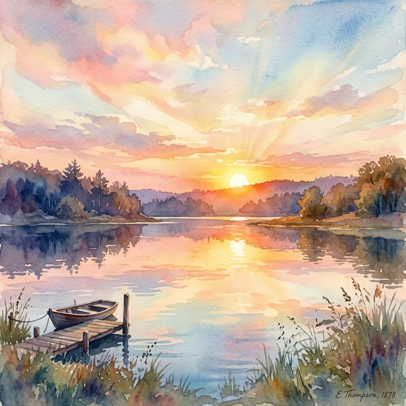 Dreamy Sunrise Over Serene Lake | Watercolor Painting Dreamy Sunrise Over Serene Lake | Watercolor Painting