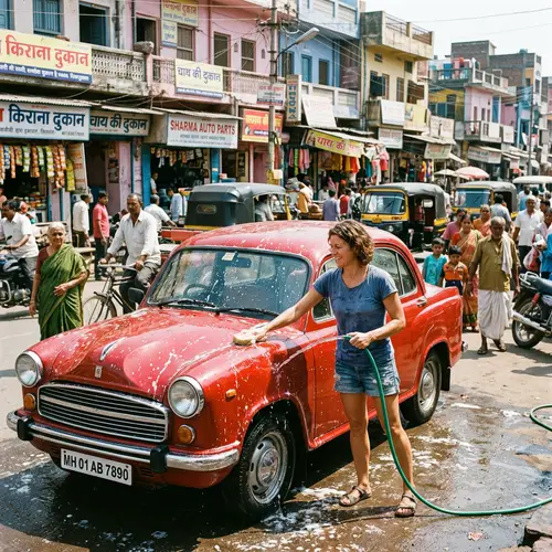 Cheerful woman washing classic red sedan in India