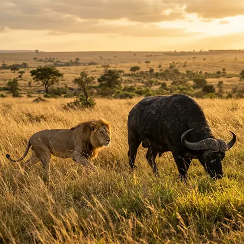 Lion Preying on Wild Buffalo in Grasslands