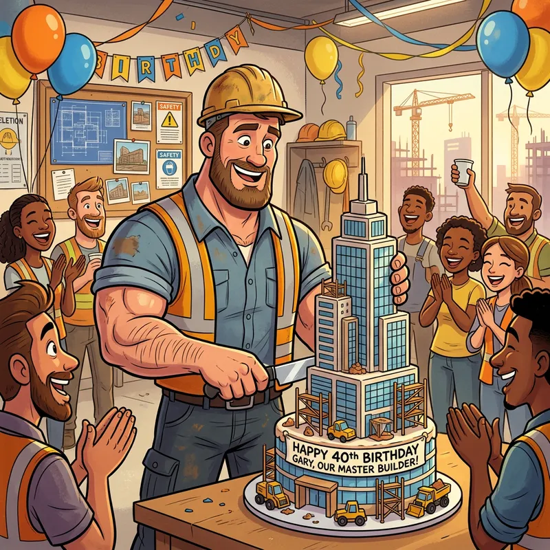 Muscular Cartoon Builder Celebrates with Skyscraper Cake Muscular Cartoon Builder Celebrates with Skyscraper Cake